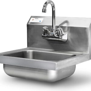 17"L x 16"W Stainless Steel Commercial Wall Mounted Hand Sink with Gooseneck Faucet for Restaurant, Bar, Cafe, Salon & Spa, Home - 16 Gauge (NSF Listed)