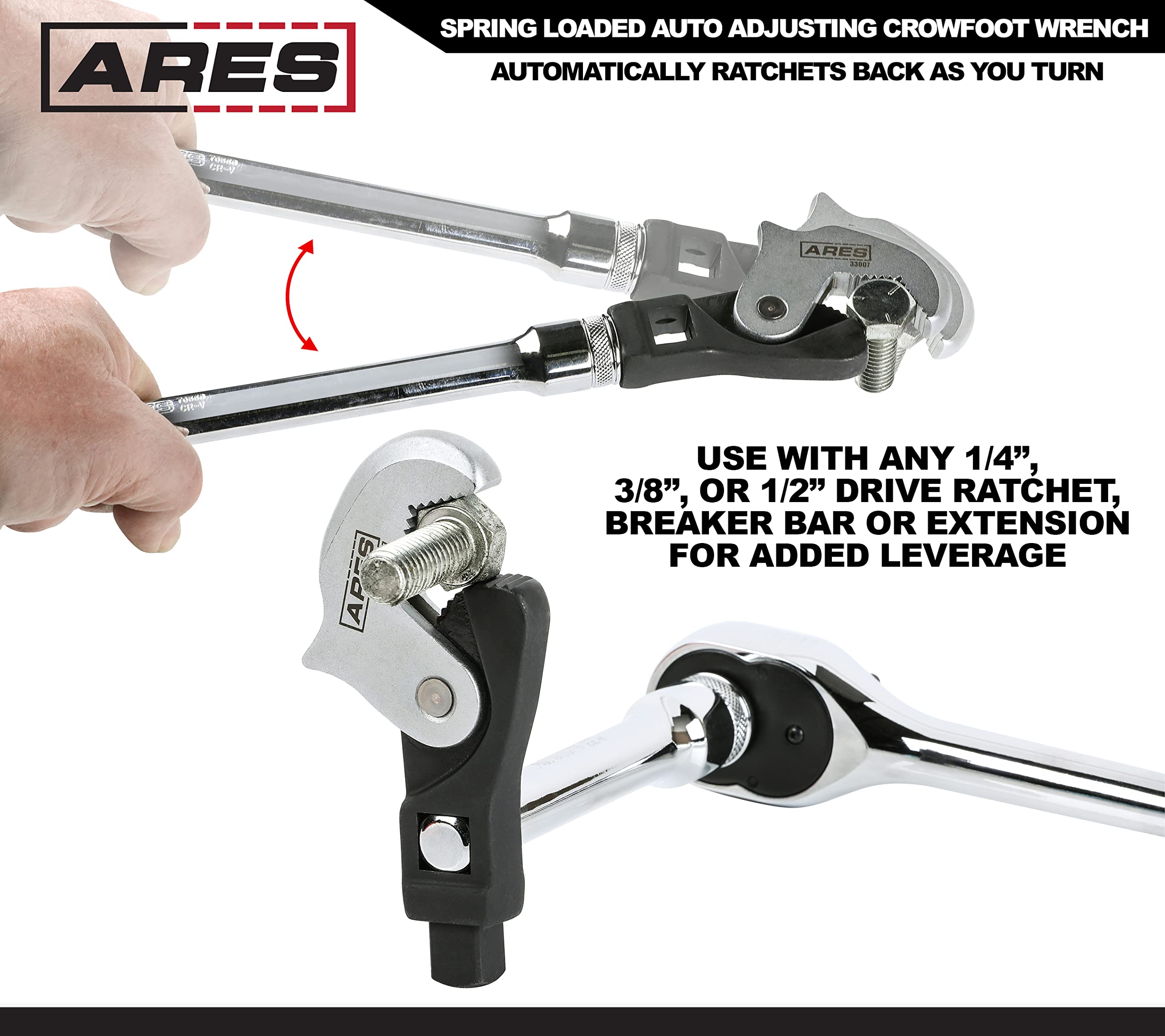 ARES 33009 – 3-Piece Auto Adjusting Crowfoot Wrench Set – Spring Loaded Adjustable Wrench Set with 5 to 32mm (3/16-Inch to 1 1/4-Inch) Coverage – Male & Female Square Drives