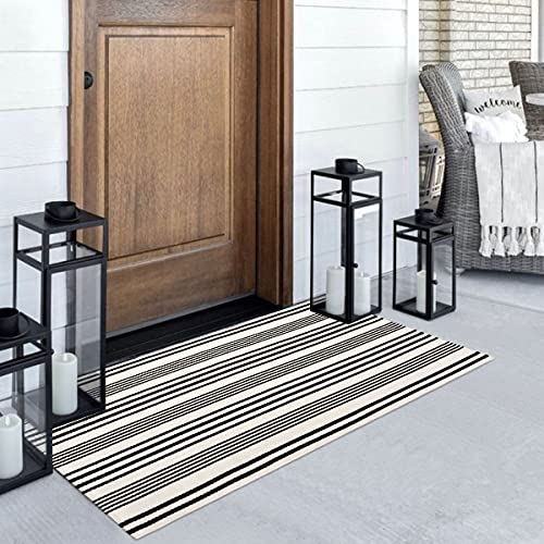 Black and White Striped Outdoor Rug, 2’ x 4.3’ Cotton Hand-Woven Reversible Front Porch Rug Washable Front Door Mat Entryway Rugs Welcome Layered Doormat Carpet for Patio Farmhouse Kitchen