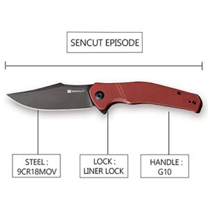 SENCUT Episode Flipper Pocket Knife, 3.48 Inch 9Cr18Mov Folding Knife with Clip Point Blade, EDC Knife with Textured Burgundy G10 Handle, Good for Hunting Camping SA04A