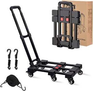 luggage cart riceel folding hand truck with 6 x 360 degree swivel wheels,adjustable handle,foldable for easy storage,and 3 elastic ropes,220lb weight capacity for travel,moving