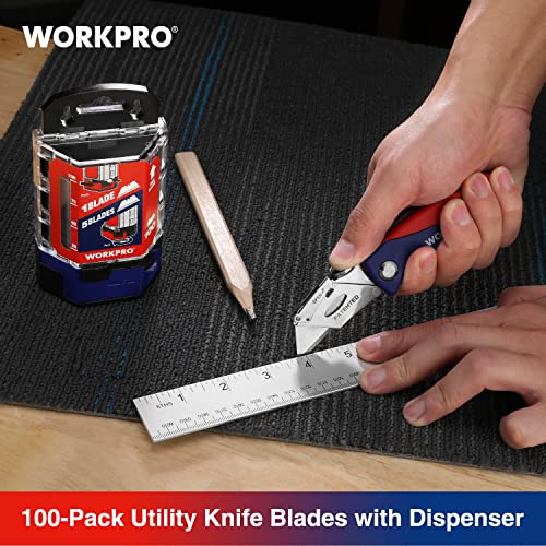 WORKPRO Utility Knife Blades, 100-Pack Utility Blades Replacement with Dispenser, SK5 Carbon Steel, Red