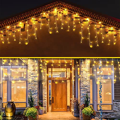 FALUOS LED Solar Icicle String Lights 20Ft 288 LEDs Waterproof Extendable Christmas Curtain String Lights Decorations for Bedroom Patio Yard Garden Wedding Party(Warm White)