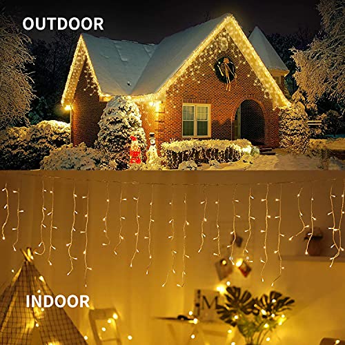 FALUOS LED Solar Icicle String Lights 20Ft 288 LEDs Waterproof Extendable Christmas Curtain String Lights Decorations for Bedroom Patio Yard Garden Wedding Party(Warm White)