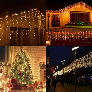 FALUOS LED Solar Icicle String Lights 20Ft 288 LEDs Waterproof Extendable Christmas Curtain String Lights Decorations for Bedroom Patio Yard Garden Wedding Party(Warm White)