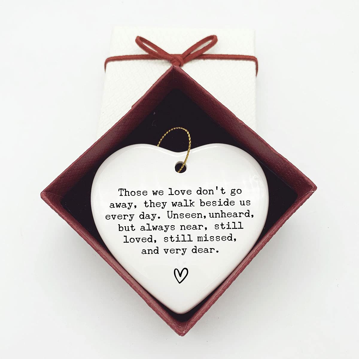 Those We Love Don't Go Away, Sympathy, Memorial Gift, Heart Ornament, Memorial Keepsake, Memorial Quote Decor, 3 inch Flat Heart Ceramic with Gift Box (Those We Love Don't Go Away)