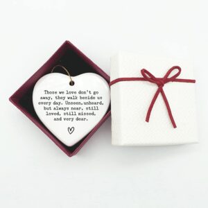 Those We Love Don't Go Away, Sympathy, Memorial Gift, Heart Ornament, Memorial Keepsake, Memorial Quote Decor, 3 inch Flat Heart Ceramic with Gift Box (Those We Love Don't Go Away)