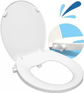 geniebidet slow-close round bidet toilet seat, stealth bidet attachment for toilet seat, adjustable self-cleaning nozzles, t adapter & bottle bidet included