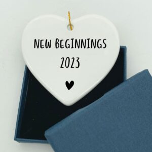 New Beginnings 2023, New Home, New House Keepsake, Home Ornament, Ceramic Keepsake, 2023 New Start, Friend Gift, 3 inch Flat Heart Ceramic with Gift Box