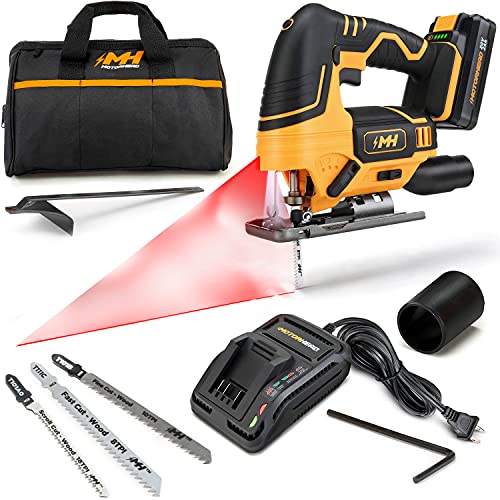 MOTORHEAD 20V ULTRA Cordless Jig Saw, Lithium-Ion, LED, Laser & Edge Guide, 0-45° Bevel, 80” Stroke, 2700 SPM, Variable Speed, Tool-Free Blade Change, 2Ah Battery, Charger, Bag, 3 Blades, USA-Based