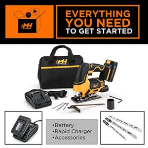 MOTORHEAD 20V ULTRA Cordless Jig Saw, Lithium-Ion, LED, Laser & Edge Guide, 0-45° Bevel, 80” Stroke, 2700 SPM, Variable Speed, Tool-Free Blade Change, 2Ah Battery, Charger, Bag, 3 Blades, USA-Based