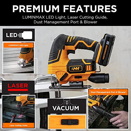 MOTORHEAD 20V ULTRA Cordless Jig Saw, Lithium-Ion, LED, Laser & Edge Guide, 0-45° Bevel, 80” Stroke, 2700 SPM, Variable Speed, Tool-Free Blade Change, 2Ah Battery, Charger, Bag, 3 Blades, USA-Based