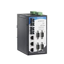 nport s8455i-mm-sc-t, serial device server, 4 rs-232/422/485 ports, 3 10/100m ethernet ports, 2 100m mm fiber ports with sc conn, 15 kv esd, 12-48 vdc, -40 to 75c