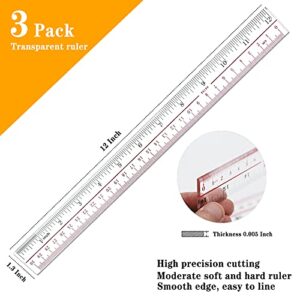 Adisalyd- Ruler, Plastic Clear Rulers 12 inch Pack of 3, Office use Measuring Tools, Rulers for Kids, Drafting Tools, Ruler inches and Centimeters, Transparent Ruler Measuring Tools, Ruler Set