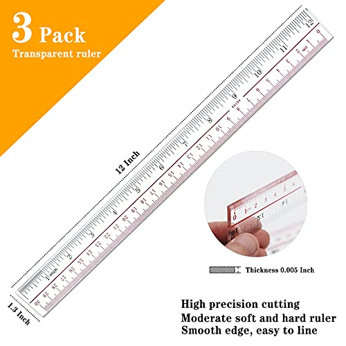 Adisalyd- Ruler, Plastic Clear Rulers 12 inch Pack of 3, Office use Measuring Tools, Rulers for Kids, Drafting Tools, Ruler inches and Centimeters, Transparent Ruler Measuring Tools, Ruler Set