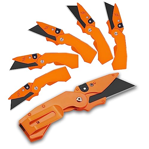 Lichamp 6-Pack Folding Utility Knife Box Cutter, Quick Change Razor Knife Utility Pocket Construction Blade Knife, (Orange, C6OG)