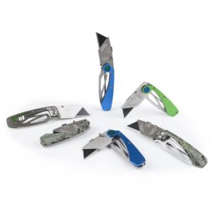 lichamp 6-pack folding utility knife box cutter with sk2 blades, quick change razor knife utility pocket construction blade knife, (blue+green+camouflage, d6m2)