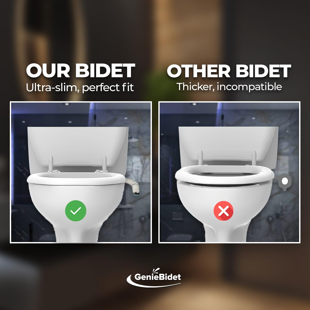 GenieBidet Bidet Attachment for Toilet - Ultra-Slim Left Handed Hygienic Bidet Attachment For Existing Toilets - Bidet Toilet Seat Attachment with Pressure Controls - Travel Bidet Included