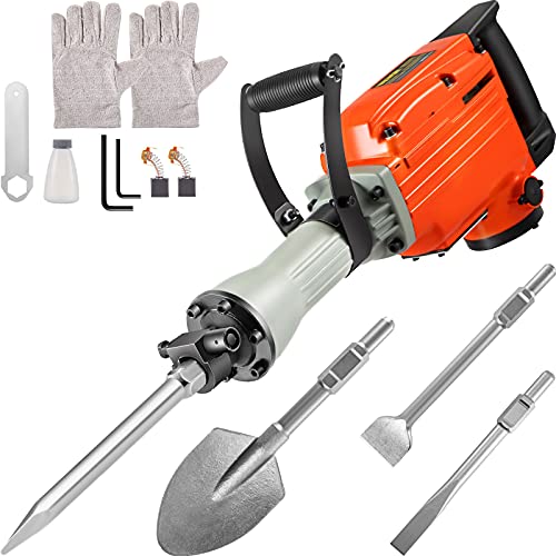 VEVOR Demolition Jack Hammer 3600W Concrete Breaker 1400 BPM Heavy Duty Electric 4pcs Chisels Bit w/Gloves & 360°Swiveling Front Handle for Trenching, Chipping, Breaking Holes