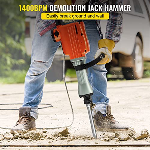 VEVOR Demolition Jack Hammer 3600W Concrete Breaker 1400 BPM Heavy Duty Electric 4pcs Chisels Bit w/Gloves & 360°Swiveling Front Handle for Trenching, Chipping, Breaking Holes