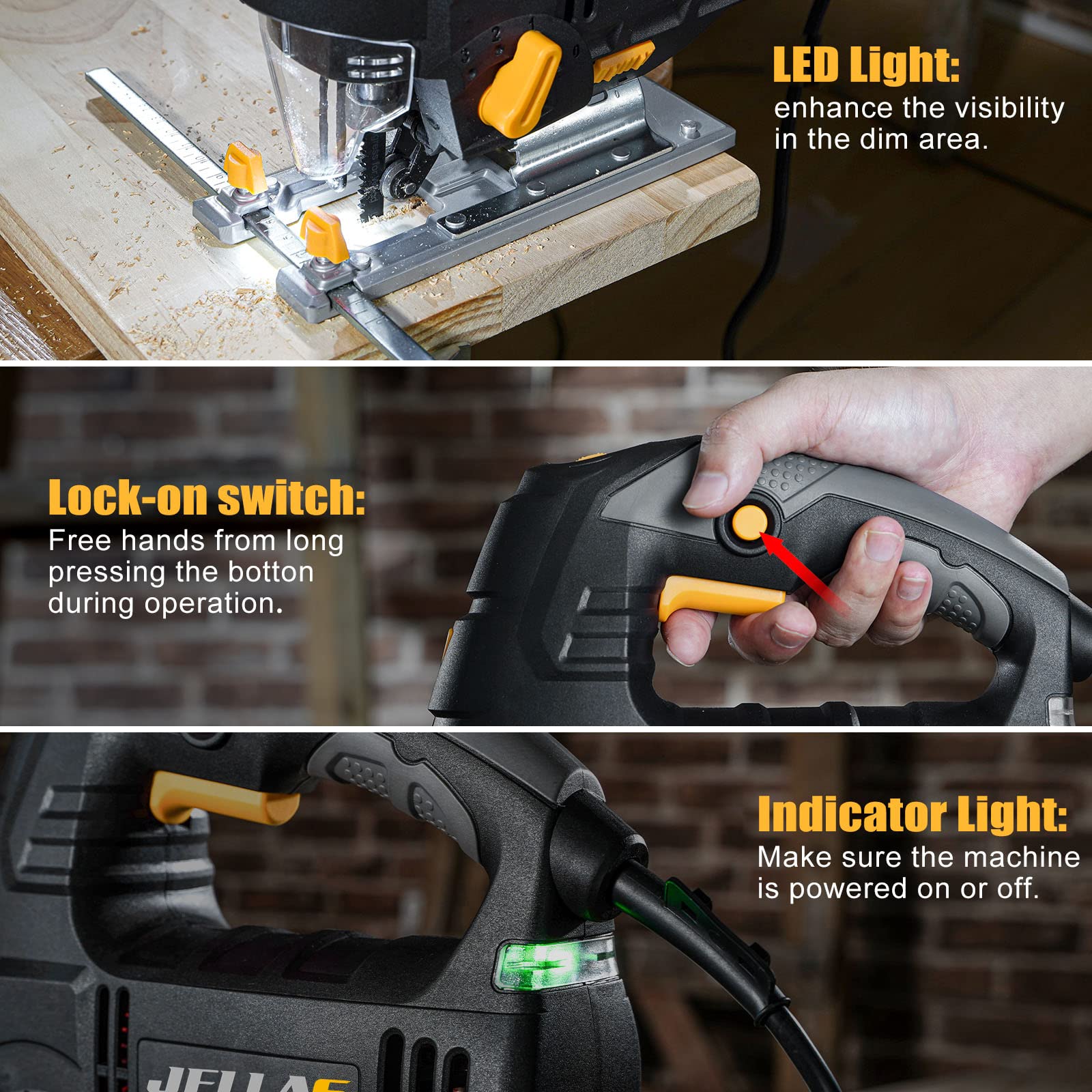 JigSaw, 6.7Amp Power Jig Saws with LED Light,10 Blades, 800-3000 SPM Jig Saw, 6 Variable Speed, 0°-45° Bevel Cutting, 4 Orbital Sets, 3M AC Cord