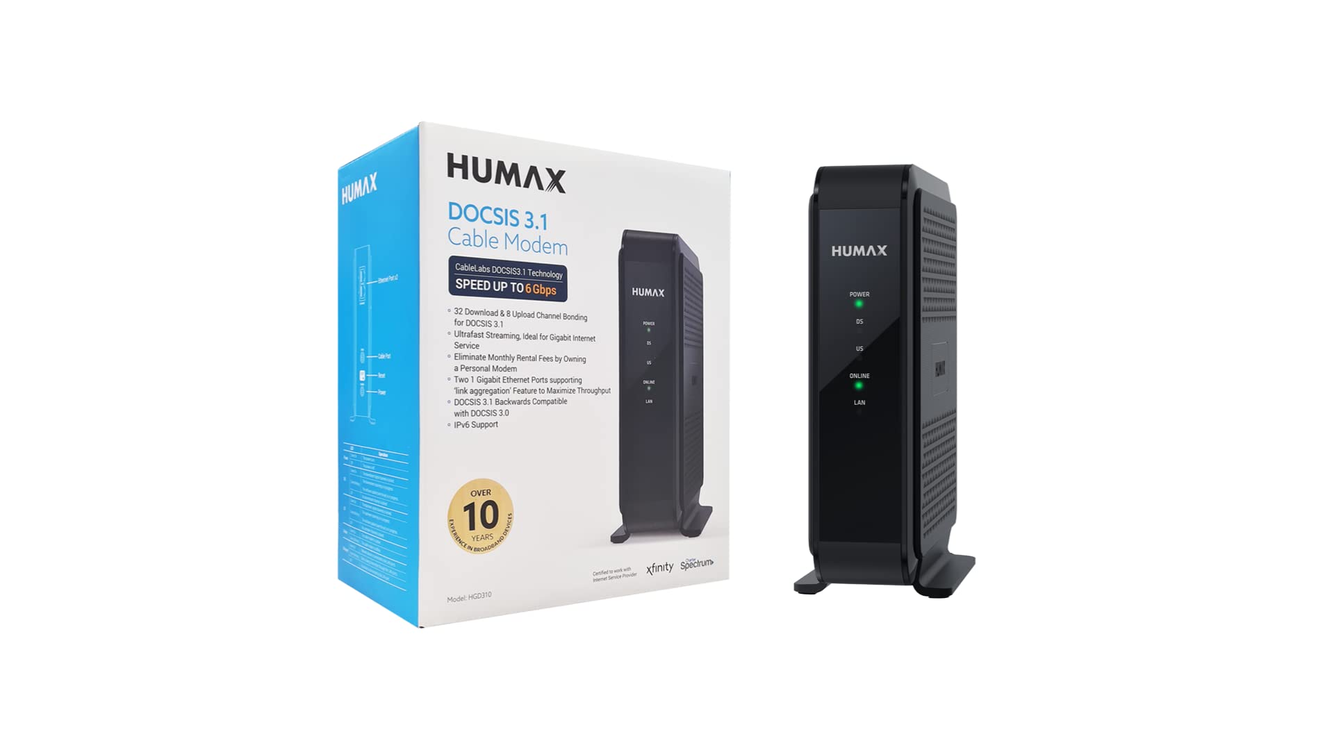 HUMAX HGD310 - DOCSIS 3.1 Cable Modem, Pairs with Any WiFi Router or Mesh WiFi, Approved for COX & Xfinity & Spectrum, Black, Max Internet Speed Plan 2000 Mbps