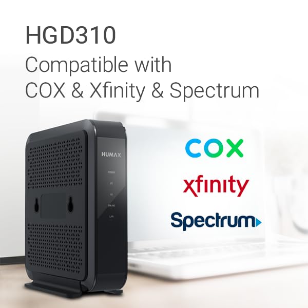 HUMAX HGD310 - DOCSIS 3.1 Cable Modem, Pairs with Any WiFi Router or Mesh WiFi, Approved for COX & Xfinity & Spectrum, Black, Max Internet Speed Plan 2000 Mbps