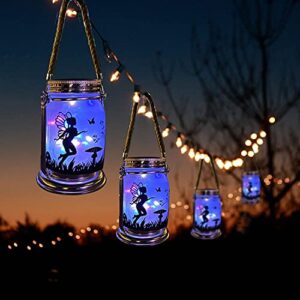 vcdsoy 4 pack solar fairy lights decorations garden-solar fairy lantern mason jar colorful ornament night light-ourdoor gifts hanging lamp frosted glass jar with stake for yard garden patio lawn