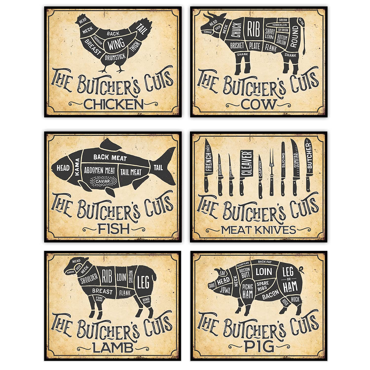 The Butcher's Cut Set of 6-8x10 Unframed Gallery Wall Art Prints - Makes Great Meat Shop and Kitchen Decor Under $20