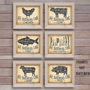 The Butcher's Cut Set of 6-8x10 Unframed Gallery Wall Art Prints - Makes Great Meat Shop and Kitchen Decor Under $20