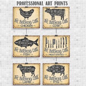 The Butcher's Cut Set of 6-8x10 Unframed Gallery Wall Art Prints - Makes Great Meat Shop and Kitchen Decor Under $20