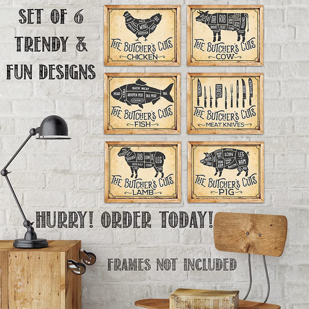 The Butcher's Cut Set of 6-8x10 Unframed Gallery Wall Art Prints - Makes Great Meat Shop and Kitchen Decor Under $20