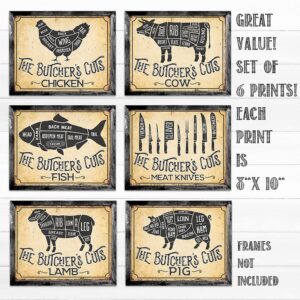 The Butcher's Cut Set of 6-8x10 Unframed Gallery Wall Art Prints - Makes Great Meat Shop and Kitchen Decor Under $20