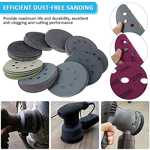 Willstar 120Pcs 5 Inch 8 Hole Sanding Discs, Hook and Loop Sandpaper Wet Dry Silicon Carbide Flocking Sanding Pads - 240/320/400/600/800/1000/1500/2000/3000 Grit Assorted Sander Sandpaper