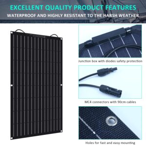 AUECOOR 2 pcs 100 watts 12 Volts ETFE Monocrystalline Flexible Solar Panel Off-Grid for RV Boat Cabin Van Car Uneven Surfaces Bendable