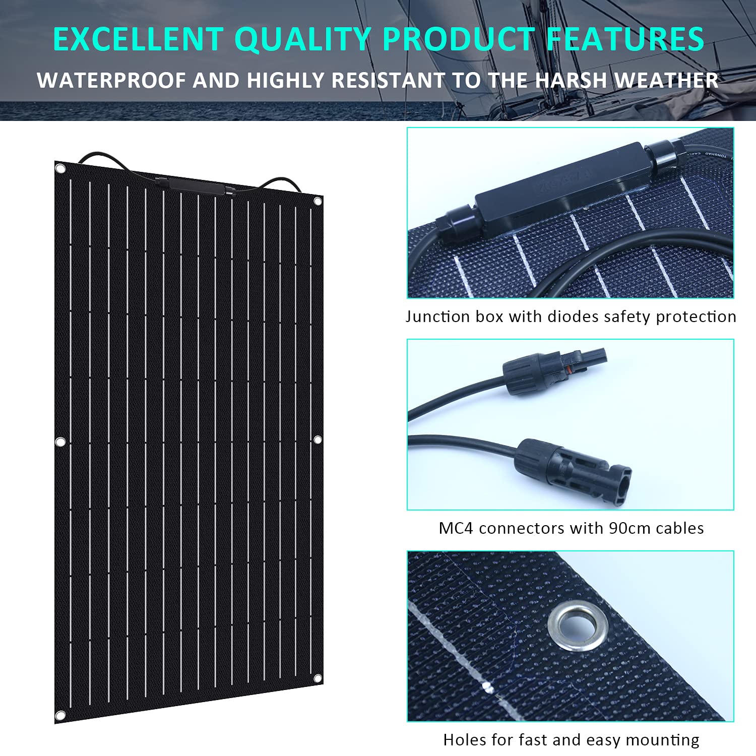 AUECOOR 2 pcs 100 watts 12 Volts ETFE Monocrystalline Flexible Solar Panel Off-Grid for RV Boat Cabin Van Car Uneven Surfaces Bendable