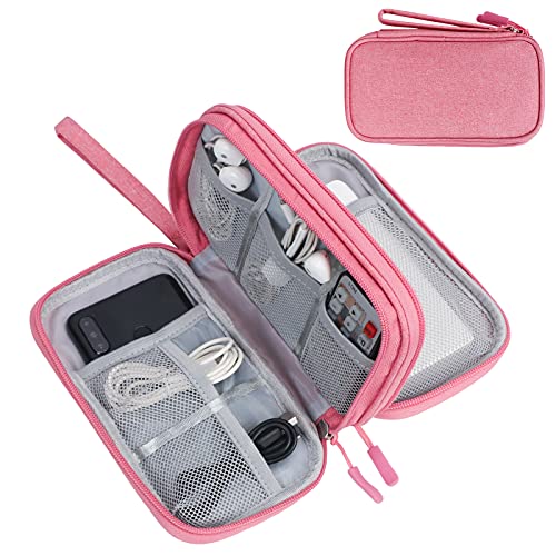 FYY Electronic Organizer, Travel Bag, Pouch, Carry Case Portable Waterproof Double Layers for Cable, Cord, Charger, Phone, Earphone Pink