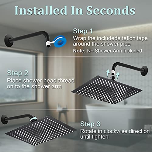 𝑽𝒐𝒏𝒗𝒂𝒏 High Pressure Shower Head, 12" Matte Black Solid Stainless Steel Rain Shower Head,High Flow Ultra-Thin Rainfall Shower Head Easy to Clean & Install,Full Body Coverage Waterfall Showerhead