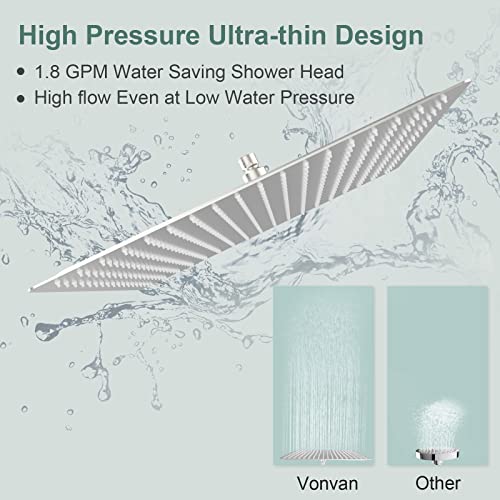 Vonvan 𝟭𝟲'' Rain Shower Head, California Compliant 1.8 GPM Shower Heads High Pressure, Large Brushed Nickel Square Shower Head, Easy Install Rainfall Shower Head with Anti-Clogging Silicone Nozzles