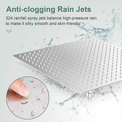 Vonvan 𝟭𝟲'' Rain Shower Head, California Compliant 1.8 GPM Shower Heads High Pressure, Large Brushed Nickel Square Shower Head, Easy Install Rainfall Shower Head with Anti-Clogging Silicone Nozzles