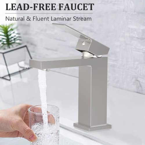 𝗩𝗼𝗻𝘃𝗮𝗻 Brushed Nickel Bathroom Faucets, Solid Brass Single Hole Bathroom Sink Faucet, Modern Bathroom Faucets for Sink 1 Hole, Lead-Free Vanity Faucet with Pop-up Drain and Water Supply Hoses