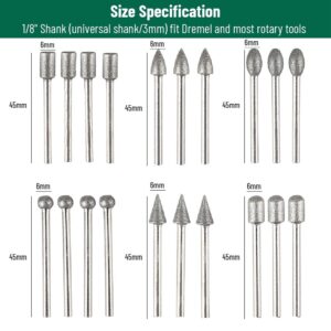 Stone Carving Set Diamond Burr Bits, 20PCS Polishing Kits Rotary Tools Accessories with 1/8’ Shank For Carving, Engraving, Grinding, Polishing Stone, Rocks, Jewelry, Glass, Ceramics