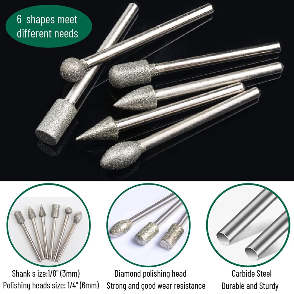 Stone Carving Set Diamond Burr Bits, 20PCS Polishing Kits Rotary Tools Accessories with 1/8’ Shank For Carving, Engraving, Grinding, Polishing Stone, Rocks, Jewelry, Glass, Ceramics