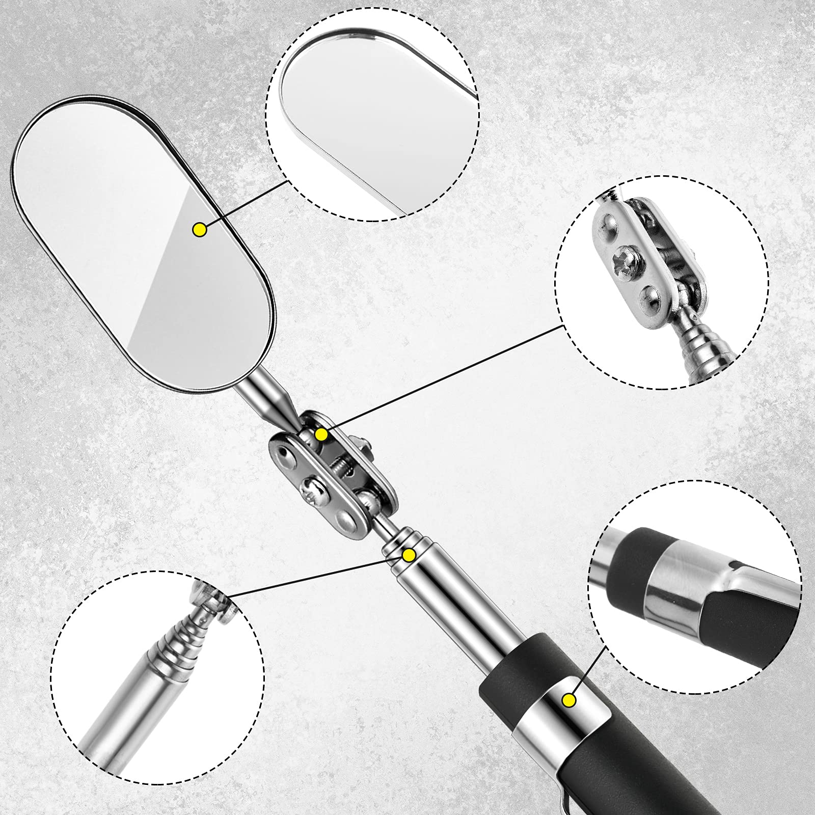 3 Pieces Telescoping Inspection Mirror Round Mirror Square Mirror Inspection Tool for Checking Vehicle, Observing Eyelashes Mouth and Other Small Parts (Oval, Square, Round Style)