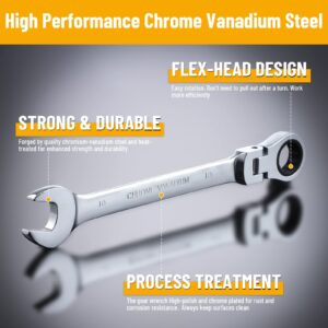 Pilida 10mm Ratchet Wrench Flex Head: Box End Wrench 12Pt| Metric Ratcheting Combination Chrome Vanadium