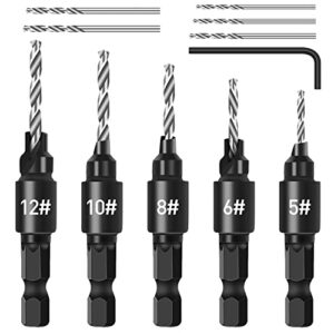 countersink drill bit set, 5pcs quick change 1/4" hex shank adjustable countersink set, 5pcs free replaceable drill bits with one hex wrench, woodworking countersink drill bits