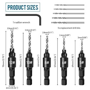 Countersink Drill Bit Set, 5Pcs Quick Change 1/4" Hex Shank Adjustable Countersink Set, 5pcs Free Replaceable Drill Bits with One Hex Wrench, Woodworking Countersink Drill Bits