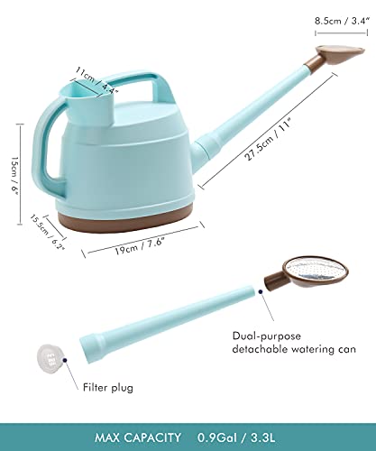 SAROSORA Outdoor Watering Can 0.9 Gallon Long Spout with Detachable Shower Head for Garden Flowers Plants (Blue, 3.3L/0.9GAL)