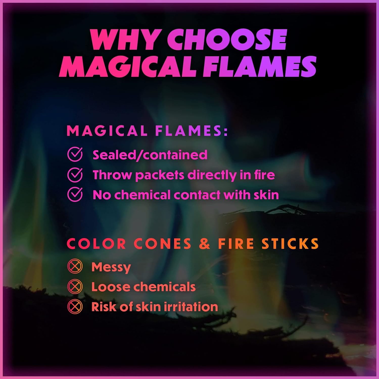 Magical Flames Fire Color Changing Packets for Campfires, Fire Pit, Outdoor Fireplaces - Camping Essentials for Kids & Adults – 12 Pack, Jumbo Flames