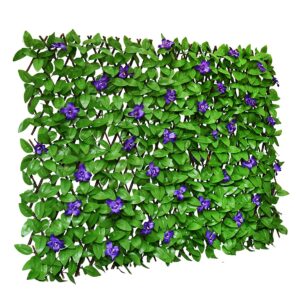 sumery expandable fence privacy screen for balcony patio outdoor,decorative faux ivy fencing panel,artificial hedges (single sided leaves) (2, green flowers)
